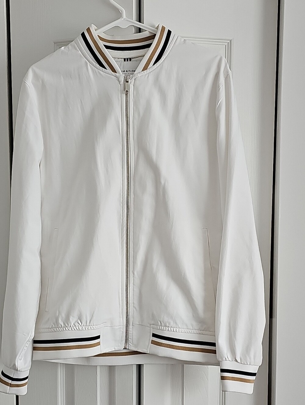 Denim & Flower White Bomber with Brown Stripe